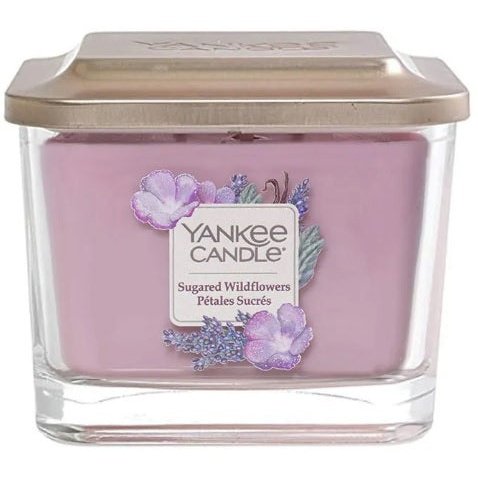 Yankee Candle Medium Jar Elevation Collection With Platform Lid Sugared Wildflowers-Square Candle With 3 Wicks Burn Time: Up To 38 Hours Medium Square Glass