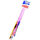 Marlin 6 Piece Writing Pack- 30cm Ruler Black Ball Point Pen Blue Ball Point Pen Rubber Tipped Pencil Sharpener Eraser Colour Pink
