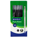 Marlin Pure Point Transparent Barrel Pen Black Ink Box of 50- Smooth Writing Long Lasting Medium Ballpoint Pen Includes Lid For Drying Protection And Leakage Clear Transparent Barrel Black Ink