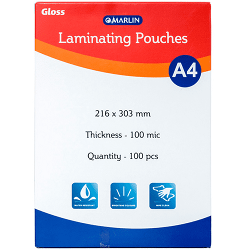 Marlin Office Essentials A4 Laminating Pouches Pack of 100- Thickness 75 Micron On Each Side Size: A4 – 216 X 303mm Works Well With All Brands Of Laminating Machines 100 X Pouches Per Box
