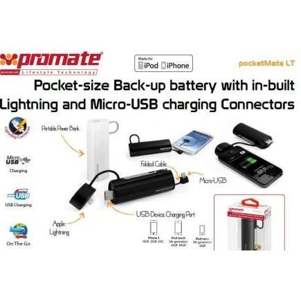 Promate Pocketmate Lt Power Bank - Lightning Micro-Usb Portable Backup For Ipod Iphone 2600Mah Black