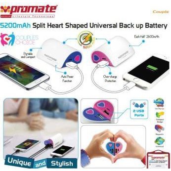 Promate Couple 5200Mah Split Heart Universal Back Up Battery Retail Box 1 Year Warranty