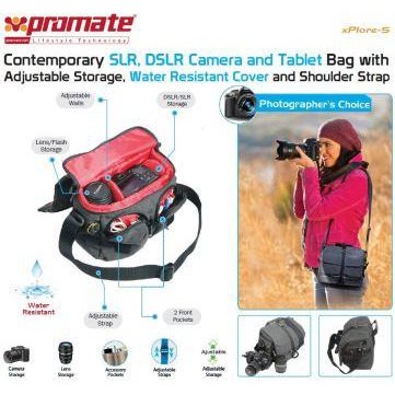 Promate Xplore-s Contemporary Dslr Camera Bag With Adjustable Storage, Water Resistant Cover And Shoulder Strap , Retail Box, 1 Year Warranty