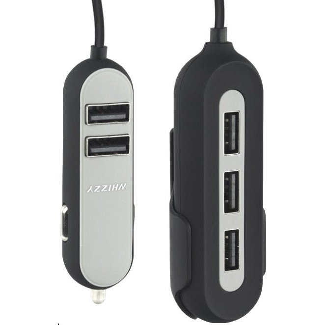Whizzy 5 Port USB Family Car Charger- Charges Up To 5 Devices Simultaneously Via Car Lighter Socket 2 x USB Ports For Front Of Car 3 X USB Ports For Backseats 1.5m Cable and Backseat Clip Overall 10.8A Rapid Charge Recognition Colour Black 1 Year Limit...