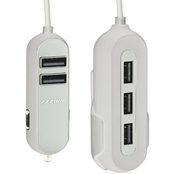 Whizzy 5 Port USB Family Car Charger- Charges Up To 5 Devices Simultaneously 2 x USB Ports For Front Of Car 3 X USB Ports For Backseats 1.5m Cable and Backseat Clip Overall 10.8A Rapid Charge Recognition Colour White 1 Year Limited Warranty