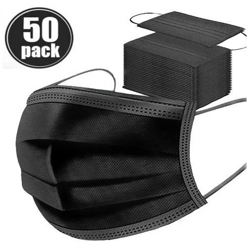 Casey Black 3 Ply Disposable Face Mask with Earloop 50 Per Pack-Non-Woven Flexible Nose Piece 3 Layer Fabric Ensure High Filtration Efficiency and Absorption Colour Black