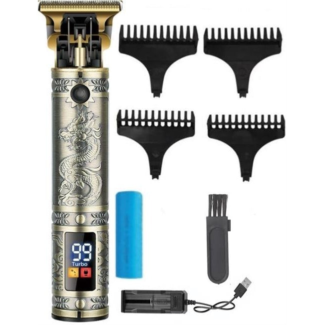 Sokany Professional Cordless Dragon Design Hair Trimmer - Colour:Gold with Dragon Design LED Display Ergonomic Design Gold Plated Carbon Steel T Shaped Blade Head Automatic Grinding Includes 4 Piece Detachable Guide Combs Cleaning Brush Lubricating Oil...