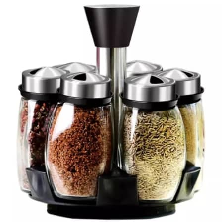 Casey 6 Piece Glass Spice Jar Rack With Rotating Stand - Modern And Stylish Rotating Spice Rack With 2 X Bottles For Liquid Seasoning, 2 X Bottles For Granular Seasoning And 2 X Bottles For Powder Seasoning Retail Box No Warranty