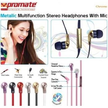 Promate Chrome Metallic Multifunction Stereo Headphones With Mic - Champagne, Retail Box, 1 Year Warranty
