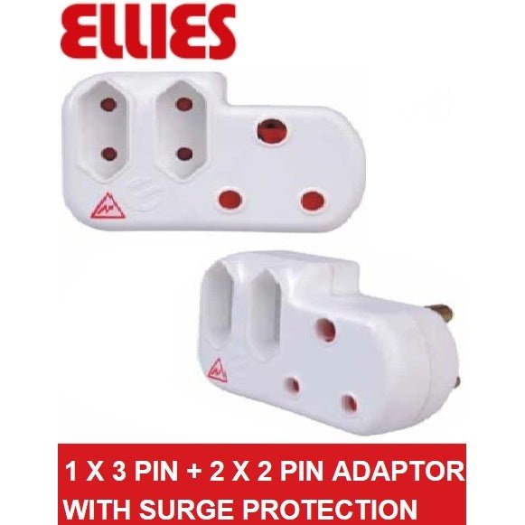 Ellies Power Socket Extension Adaptor With Surge Protection-1 X 3 Pin 16A Socket And 2 X 2 Pin 5A Euro Sockets, Oem Poly Bag, 6 Months Warranty