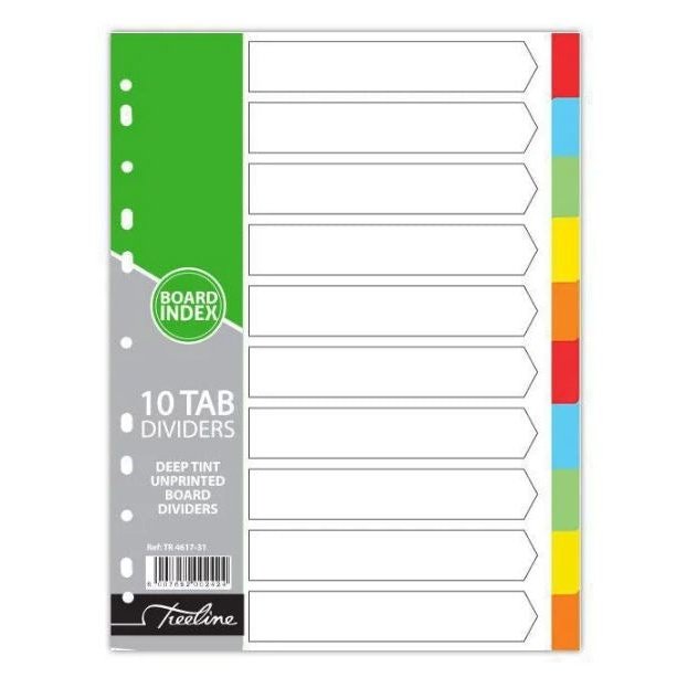 Treeline A4 160gsm Board File Dividers 10 Tab Bright Deep Tint Unprinted Not Numbered-(Tab 1-10)