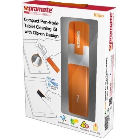 Promate Klipo Compact Pen-Style Tablet cleaning kit with clip-on design for tablet devicesAntistatic and anti-bacterial cleaning liquid solutionHighly absorbent dry padCompact and portable 1 Year Warranty