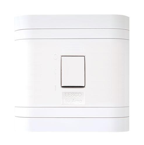 Lesco 2 Pole Flush Isolator Switch with Square Flush Cover and Hidden Indicator Light- Amperage: 50A Height: 100mm Width: 100mm Material: Polycarbonate Colour White Sold as a Single unit 3 Months Warranty