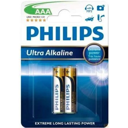 Philips Extreme Power 2 X Aaa Size Lr03 Ultra Alkaline Batteries , 1.5V, Shelf Life Up To 5 Years -2 Pack, Retail Box , No Warranty