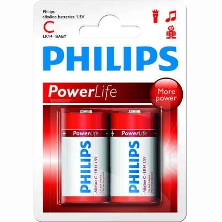 Philips Powerlife Battery Lr14P2B 2 X Type C Lr14 Alkaline Batteries , 15.V, Up To 5 Years Shelf Life –Ideal For Use With High-Drain Devices Such As Music Devices , Remote Control Cars , Children'S Toys , Portable Radios -2 Per Pack, Retail Box , No War