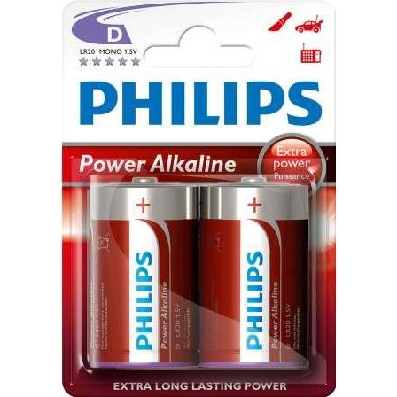 Philips Powerlife Battery Lr20P2B 2 X Type D Power Alkaline Batteries , 15.V, Up To 5 Years Shelf Life –Ideal For Use With High-Drain Devices Such As Alarms Clocks , Wall Clocks, Torches, Alarms Systems And Remote Controls , Stereo Systems - 2 Per Pack, R