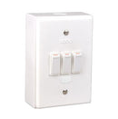 Lesco LSS Range 3 Lever 3x1 Way Switch Shrink Wrapped Surface Box - Fully assembled complete with extension box and retaining screws Voltage: 220-240V Height: 100mm Width: 50mm Material: Polycarbonate Colour White Sold as a Single unit 3 Months Warranty