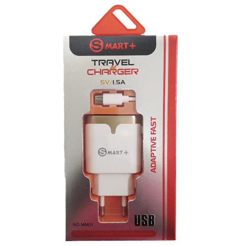 Geeko Smart Plus Usb Travel Wall Charger With Built In Micro Usb Cable And Usb 3.0 Port-Silver White- Low Energy Consumption And Fast Charging, Overcharge Protection And Short Circuit Protection, 1.2 Metre Micro Usb Output Cable For Charging Your Devices