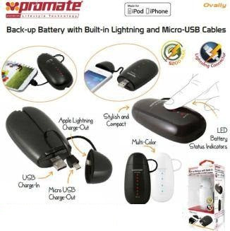Promate Ovally.White 5200mah Portable Back-Up Battery With In-Built Apple Lightning And Micro-Usb Charging Cable White 1 Year Warranty