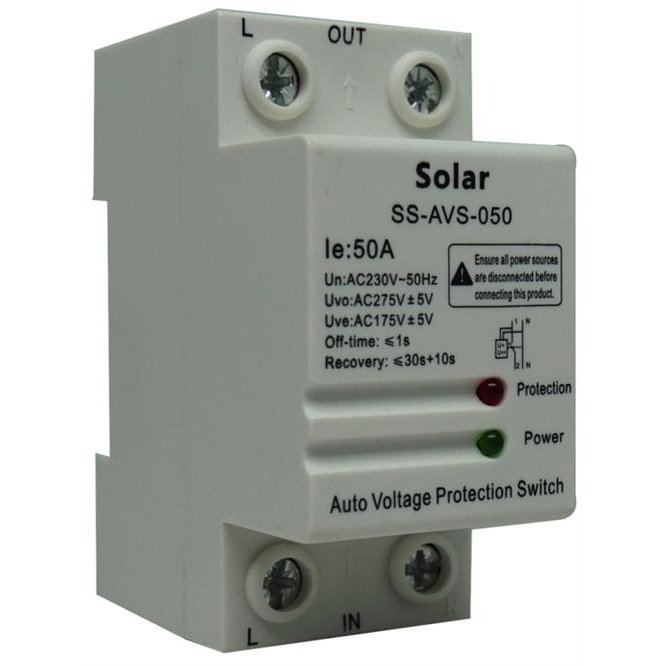 Solarix Auto Voltage Protection Switch- Din Rail Mount Passing Current Maximum 50A Rated AC Voltage 230VAC Frequency 50Hz Over-voltage Cut-off Value 275VAC Under-Voltage Cut-Off Value175VAC Recovery Time <30s Automatic Recovery Function Over and Under ...
