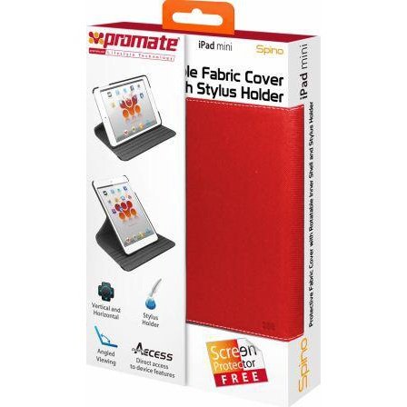 Promate Spino Protective Fabric Cover with Rotatable Inner Shell and Stylus Holder for iPad mini-Red 1 Year Warranty