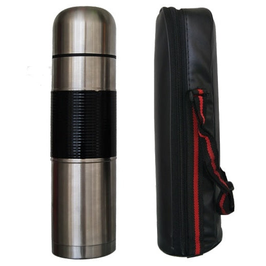 Totally 1 Litre Bullet Stainless Steel Flask With Antislip Grip And Bag- Screw On Cup And Stopper Double Wall Insulated Stainless Steel Casing Out Of Box Failure Warranty