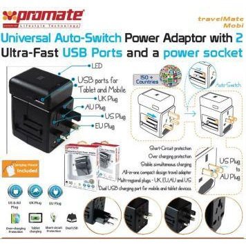 Promate Travelmate.Mobi Universal Auto-Switch Power Adaptor with 2 Ultra-Fast USB Ports and a power socket 1 Year Warranty