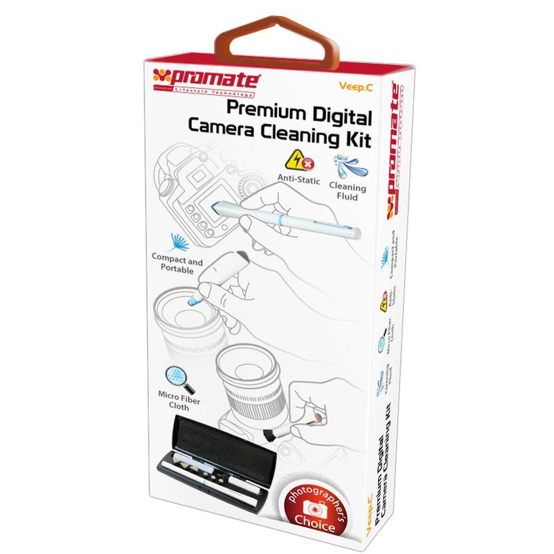 Promate Veep.C Premium Digital Camera Cleaning Kit3-in-1 cleaning pen with replaceable triangular and circular pads to clean all places and edges of the camera Non-residual cleaning fluidSoft anti-static brushFine microfiber cleaning cloth with portabl...