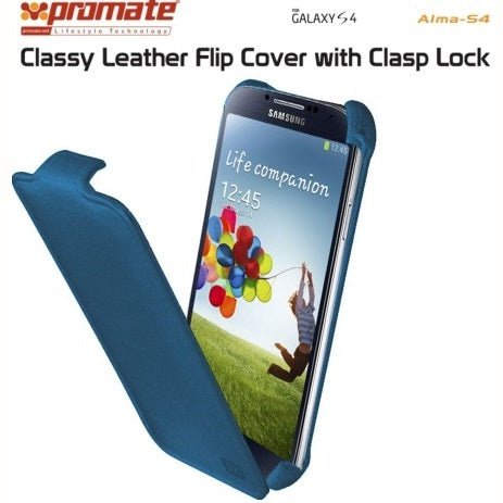 Promate Alma-S4 Classy Leather Flip Cover With Clasp Lock For Samsung Galaxy S4-Blue Retail Box 1 Year Warranty