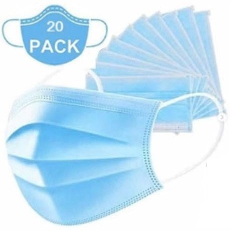 Casey 3 Ply Disposable Face Mask with Earloop 20 Per Pack - Non-Woven Flexible Nose Piece 3 Layer Fabric Ensure High Filtration Efficiency and Absorption Colour Blue Clear Packaging