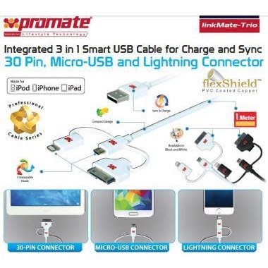 Promate linkMate-trio Integrated 3 in 1 Smart USB Cable for Charge and Sync Lightning 30 Pin and Micro-USB - 1 Meter - White 1 Year Warranty