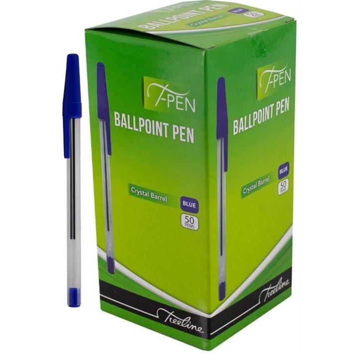 Treeline Crystal Barrel Ballpoint Pen Blue Ink Box Of 50- Smooth Writing, Long Lasting Ballpoint Pens, T-Pen Branded, Includes Lid For Drying Protection And Leakage, Clear Crystal Barrel Blue Ink Retail Packaging, No Warranty