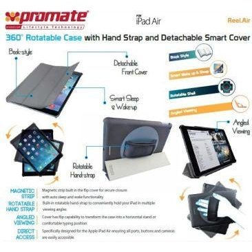 Promate Reel.Air -360˚ Rotatable Case with Hand Strap and Detachable Smart Cover for iPad Air-Grey 1 Year Warranty