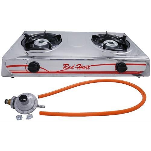 Casey Red Heart 2 Plate Stainless Steel Gas Stove-High Flame Burner For Faster Cooking Stainless Steel Body Variable Burner Control Automatic Ignition Use LPG Gas Includes Hose And Regulator 6 Months Warranty