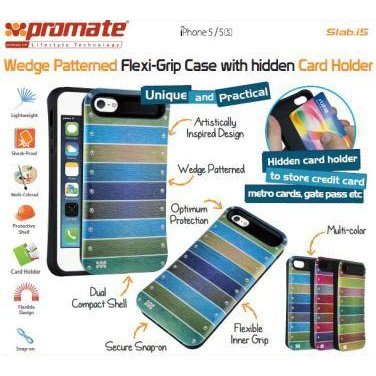 Promate Slab.I5-Wedge Patterned Flexi-Grip Case With Hidden Card Holder For Iphone 5 5S Colour: Green Retail Box, 1 Year Warranty