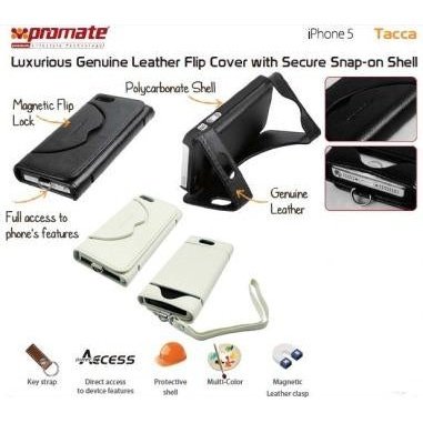 Promate Tacca-Luxurious Leather Flip Cover with Secure Snap-on Shell for iPhone 5 / 5s-White 1 Year Warranty