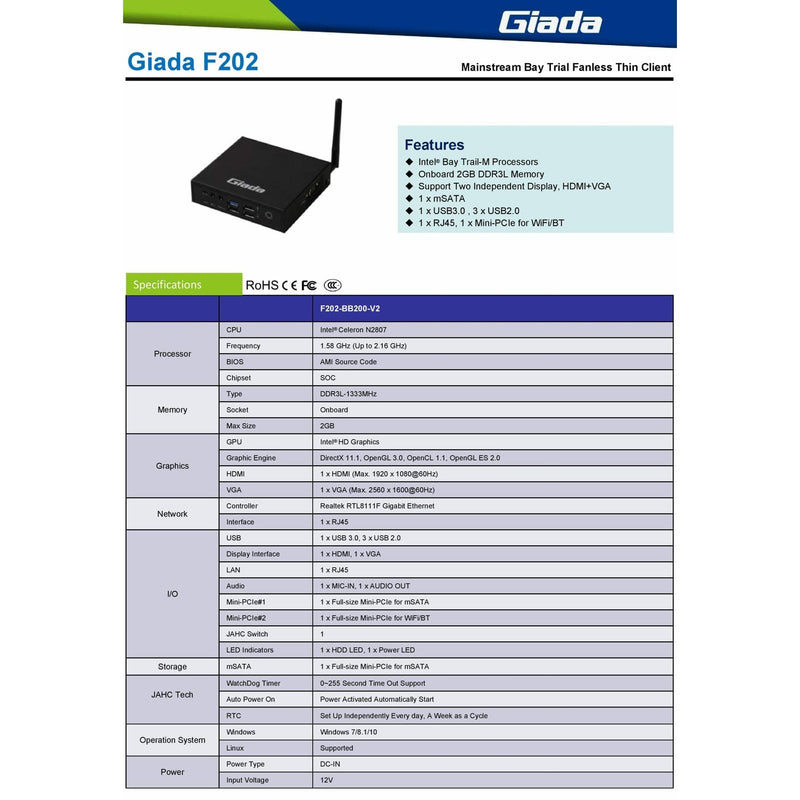 Giada F202 Fanless Celeron N2807 2Gb 1Xvga 1Xhdmi