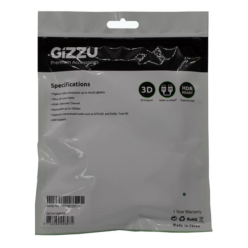 Gizzu High Speed V2.0 Hdmi 1M Cable With Ethernet Polybag