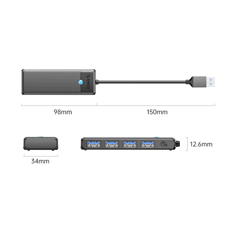 Orico Pw Series 4-Port Usb3.0 Hub Usb-A Usb-A3.0 X 4 (5Gbps Sharing) 15Cm Black