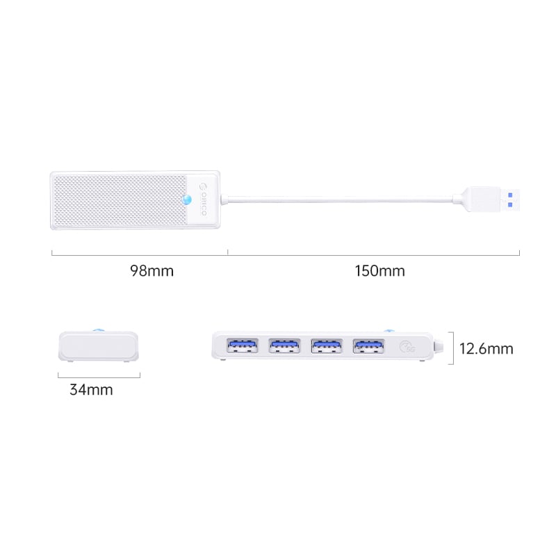 Orico Pw Series 4-Port Usb3.0 Hub Usb-A Usb-A3.0 X 4 (5Gbps Sharing) 15Cm White