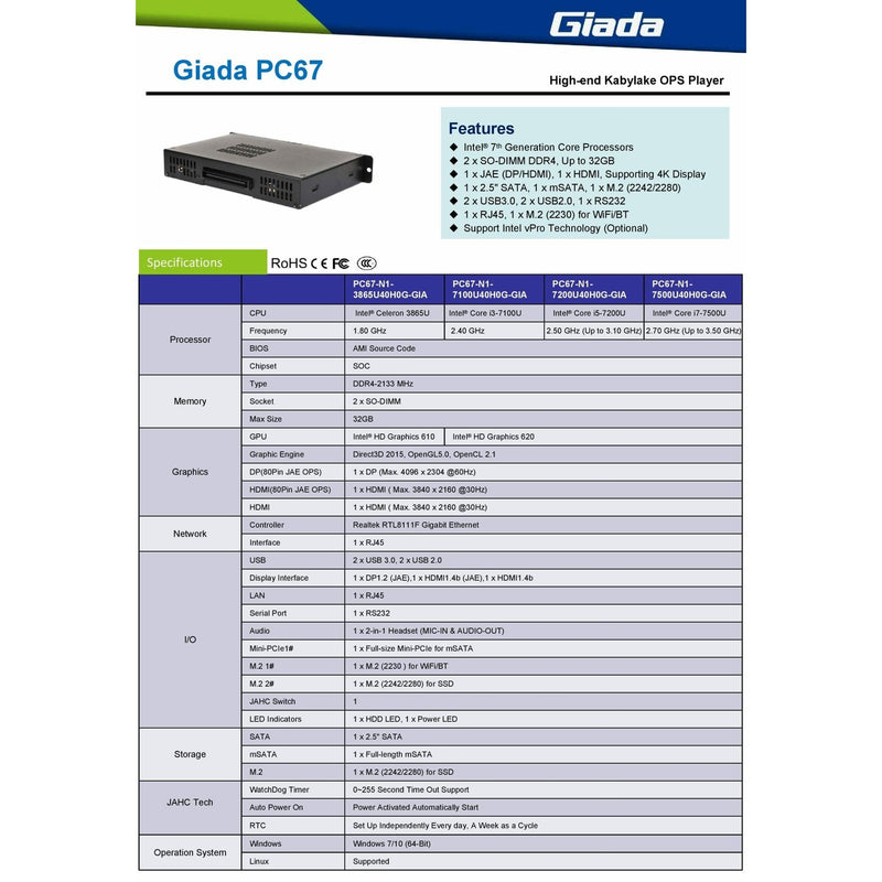 Giada Pc67 Ops I3 7100u 2xddr4 2133mhz