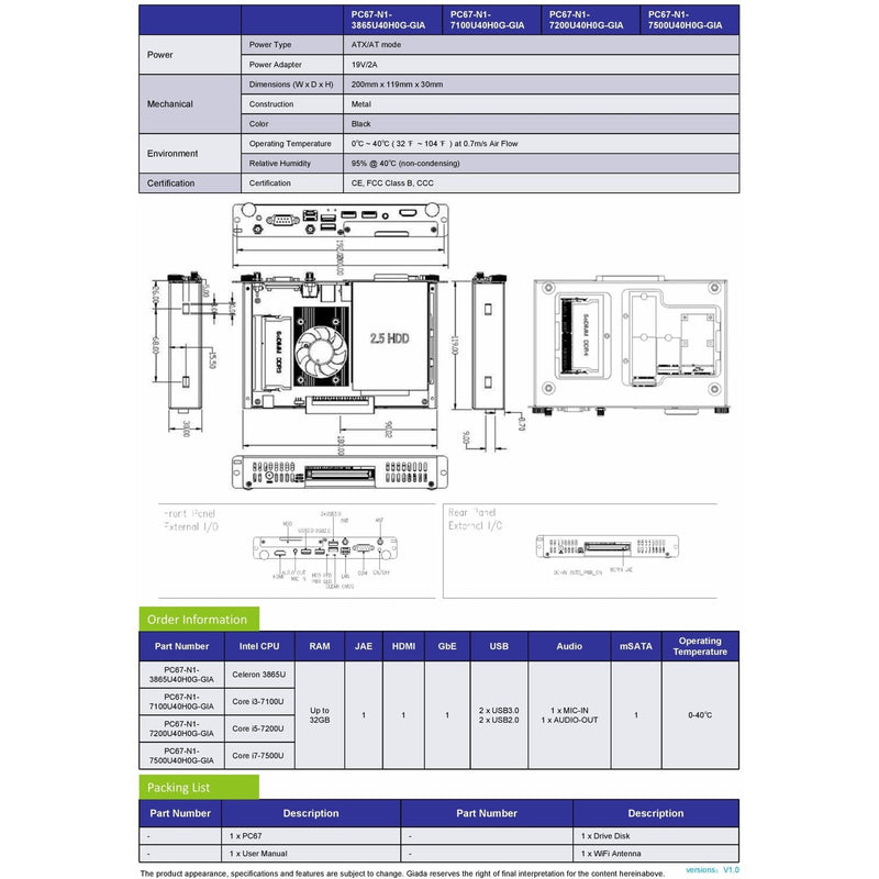 Giada Pc67 Ops I3 7100u 2xddr4 2133mhz