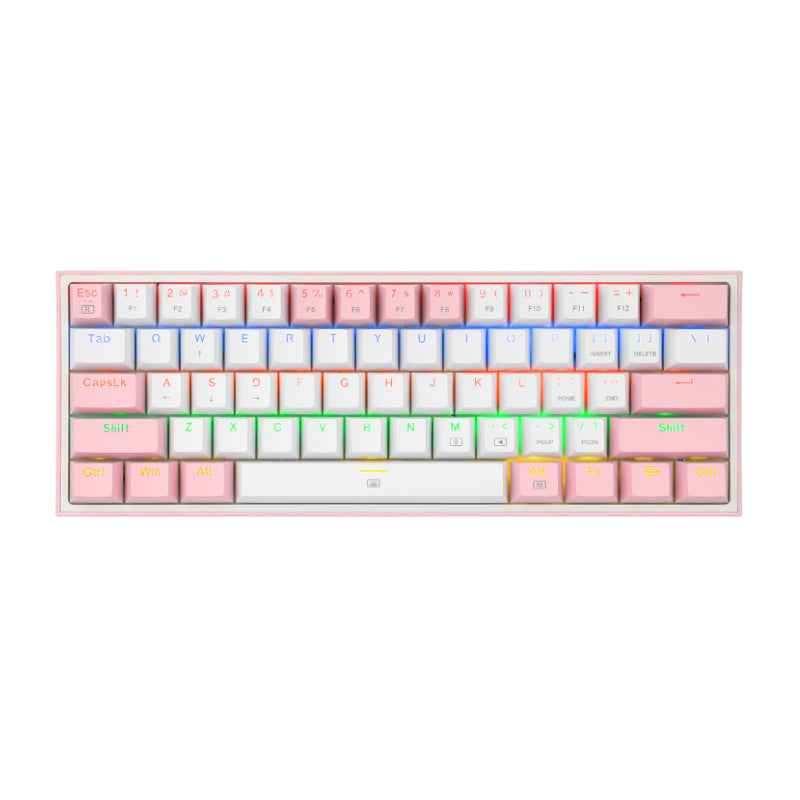 REDRAGON FIZZ Rainbow LED 61 KEY Mechanical Wired Gaming Keyboard – White/Pink