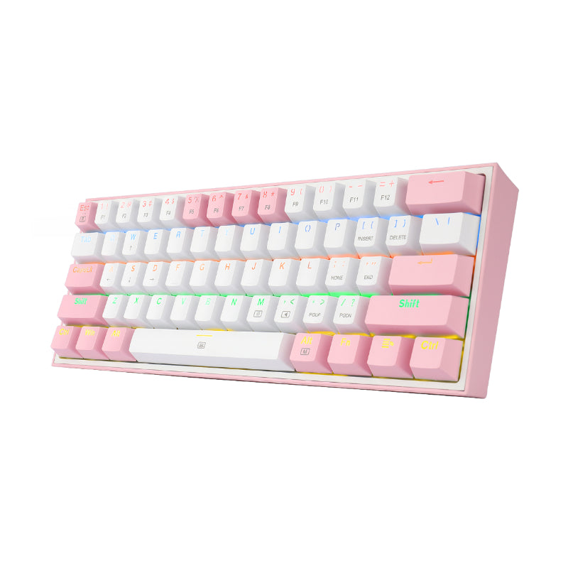 REDRAGON FIZZ Rainbow LED 61 KEY Mechanical Wired Gaming Keyboard – White/Pink