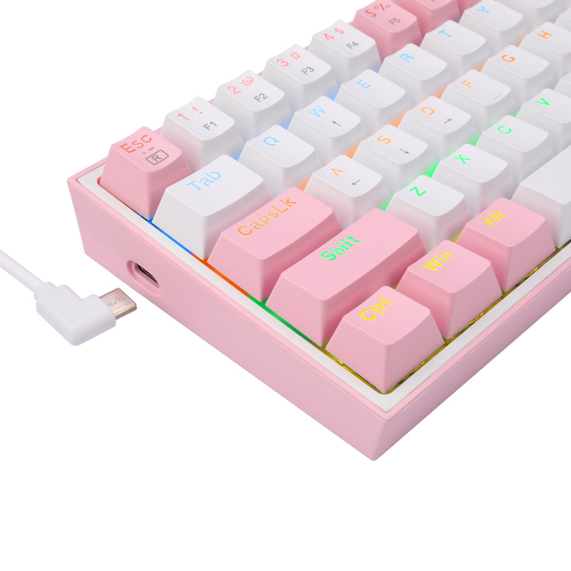 REDRAGON FIZZ Rainbow LED 61 KEY Mechanical Wired Gaming Keyboard – White/Pink