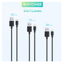 Ravpower Usb To Lightning 3 Pack 1x 0.6m|1x 1m|1x 2m Cable - Black