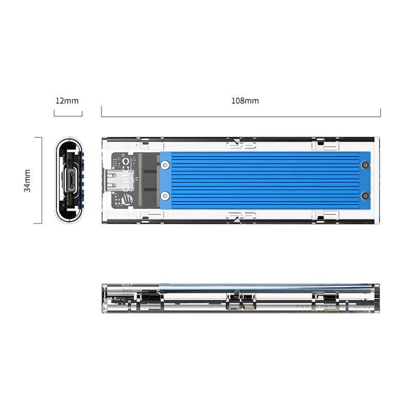 Orico M.2 Nvme + Non-Nvme Usb3.1 To Type-C 2Tb Max Blue Heatsink Transparent Enclosure