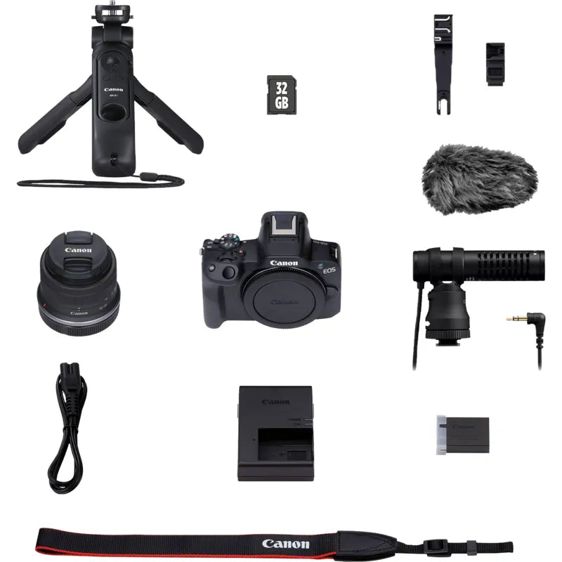 Canon R50 Body + Rf-S18-45Mm F4.5-6.3 Is Stm;Batt; Charger; Dm-100 Mic; Bluetooth Tripod; 64Gb Sd