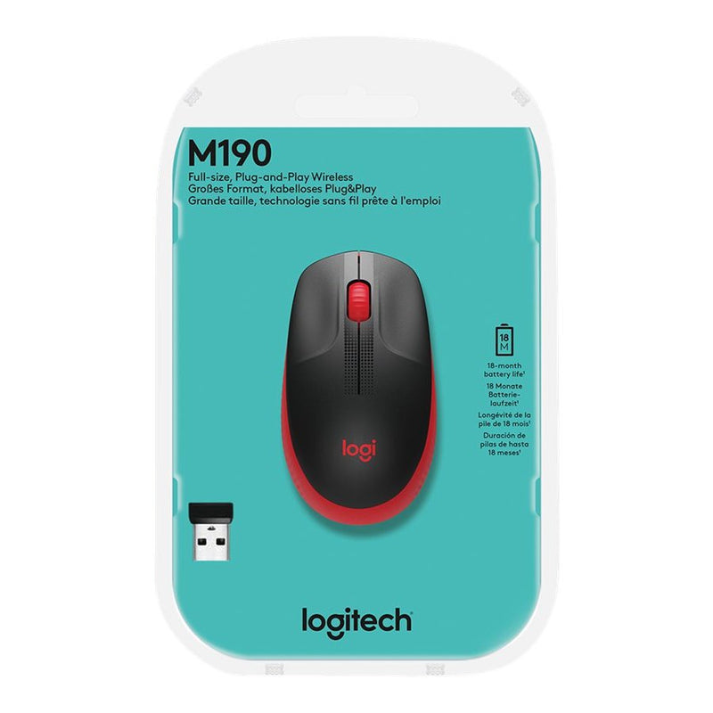 Logitech M190 Full-Size Wireless Mouse - Red - 2.4Ghz - N A - Emea - M190