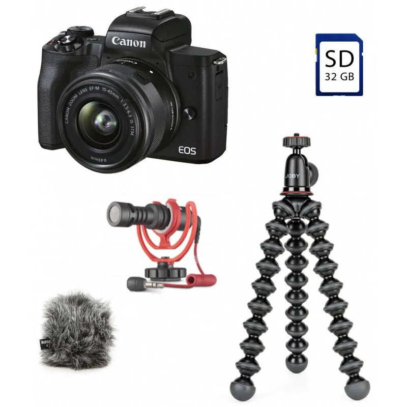 Canon Eos M50 Mark Ii Body (Black); Ef-M15-45Mm 1:3.5-6.3 Is Stm; Battery Charger Lc-E12E; Battery Pack Lp-E12; Rode Vid Micro; Joby G